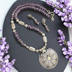 Crystals with oxidised silver pendant Necklace with Earrings