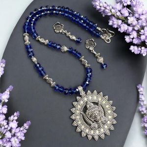 Crystals with oxidised silver pendant Necklace with Earrings