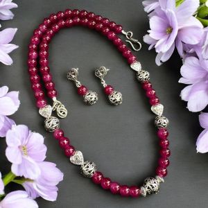 Glass beads with German silver balls Necklace with Earrings