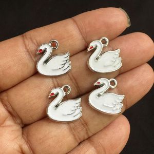 Metal Enamel Charms,Swan,White, Pack Of 4 Pieces