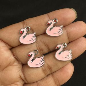 Metal Enamel Charms,Swan,Pink, Pack Of 4 Pieces