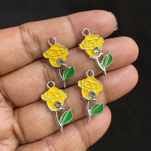 Metal Enamel Charms,Rose,Yellow, Pack Of 4 Pieces