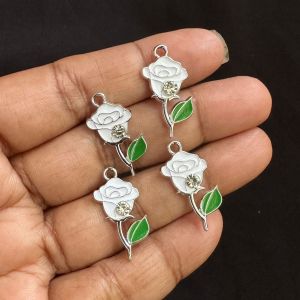 Metal Enamel Charms,Rose,White, Pack Of 4 Pieces