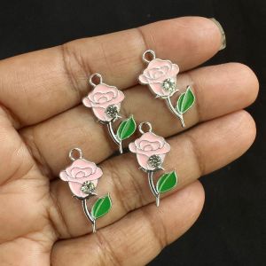 Metal Enamel Charms,Rose,Pink, Pack Of 4 Pieces