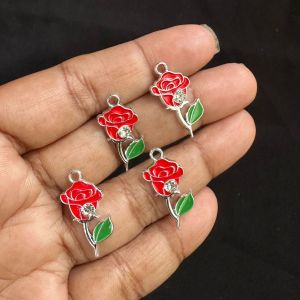 Metal Enamel Charms,Rose,Red, Pack Of 4 Pieces