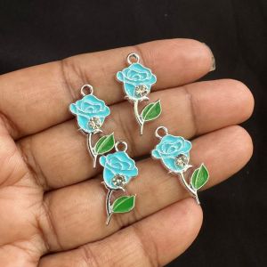 Metal Enamel Charms,Rose,Sky Blue, Pack Of 4 Pieces