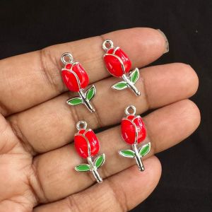Metal Enamel Charms,Tulip,Red, Pack Of 4 Pieces