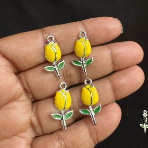 Metal Enamel Charms,Tulip,Yellow, Pack Of 4 Pieces