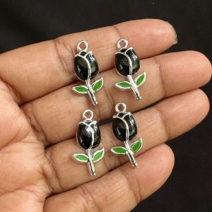 Metal Enamel Charms,Tulip,Black, Pack Of 4 Pieces