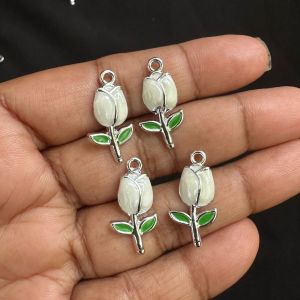 Metal Enamel Charms,Tulip,White, Pack Of 4 Pieces