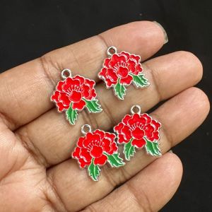 Metal Enamel Charms,Flower,Red, Pack Of 4 Pieces