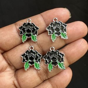 Metal Enamel Charms,Flower,Black, Pack Of 4 Pieces