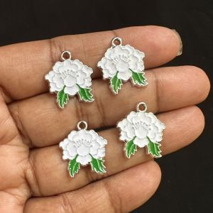 Metal Enamel Charms,Flower,White, Pack Of 4 Pieces