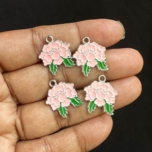 Metal Enamel Charms,Flower,Pink, Pack Of 4 Pieces