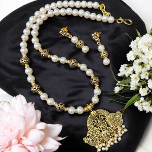 Glass Pearl Necklace with oxidised gold pendant and spacers