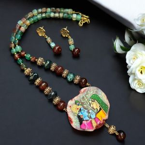 Radha krishna hand painted on onyx pendant with matching onyx beads 