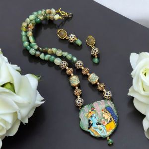 Radha krishna hand painted on Jadau Spacer Beads with matching onyx beads