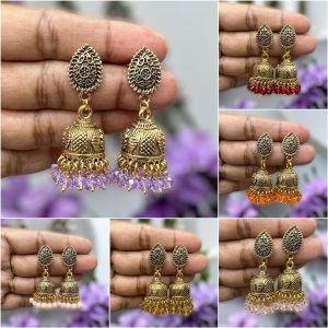 Antique Gold Jhumkas With Crystals Pack Of 6