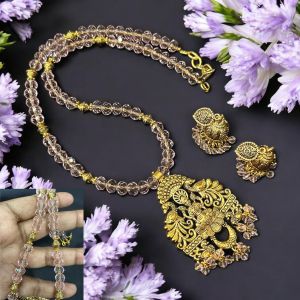 Crystals with Antique Gold pendant Necklace with Jhumkas