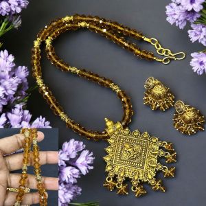 Crystals with Antique Gold pendant Necklace with Jhumkas Honey Brown
