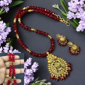 Crystals with Antique Gold pendant Necklace with Jhumkas Red