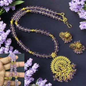 Crystals with Antique Gold pendant Necklace with Jhumkas Lavender