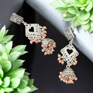 Antique Silver Jhumkas, Light Peach