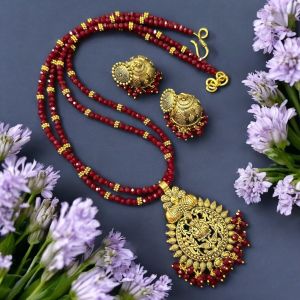 2 Layer Crystals with Antique Gold pendant Necklace with Jhumkas Maroon