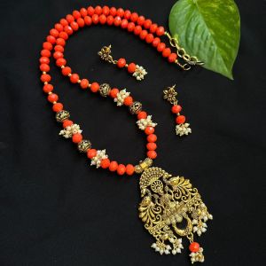 Crystals with oxidised gold pendant Necklace with earrings Sindoor Orange