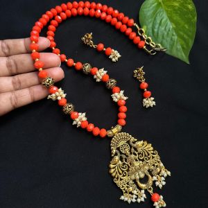 Crystals with oxidised gold pendant Necklace with earrings Sindoor Orange