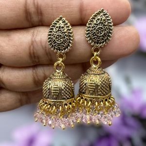 Antique Gold Jhumkas,Light Pink