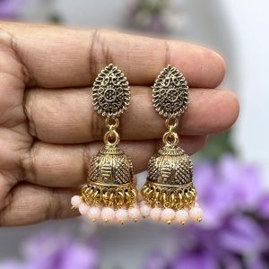 Antique Gold Jhumkas, Light Peach