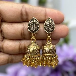 Antique Gold Jhumkas, Honey Brown 