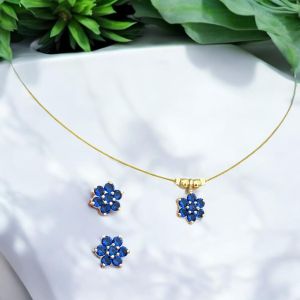 AD Flower Pendant In Invisible Wire with Earrings ,Royal Blue