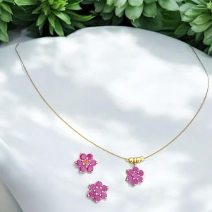 AD Flower Pendant In Invisible Wire with Earrings ,Pink