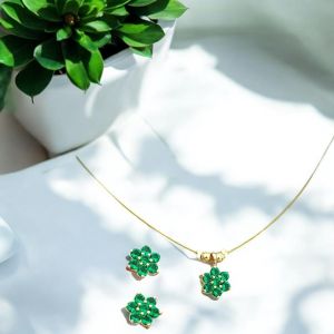 AD Flower Pendant In Invisible Wire with Earrings ,Green