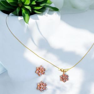 AD Flower Pendant In Invisible Wire with Earrings ,Orange
