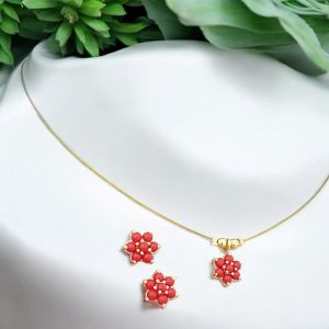 AD Flower Pendant In Invisible Wire with Earrings , Coral Orange