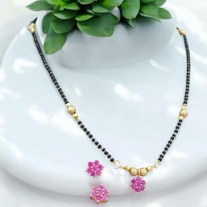 AD Flower Pendant In Mangalsutra with Earrings ,Pink