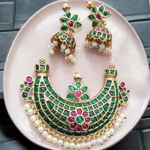 Kemp Pendant with Jhumkas,Green and Pink
