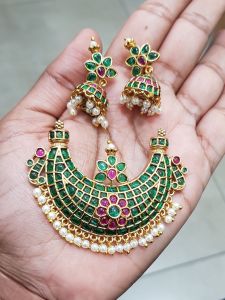 Kemp Pendant with Jhumkas,Green and Pink