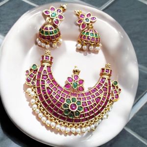 Kemp Pendant with Jhumkas,Pink and Green