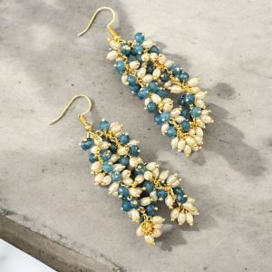 Agate and Pearl Dangler Earrings Peacock Blue