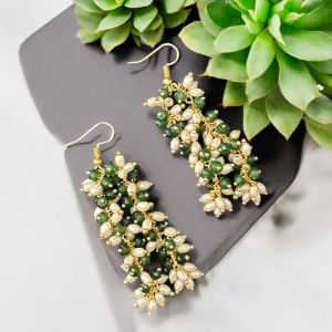 Agate and Pearl Dangler Earrings Dark Green