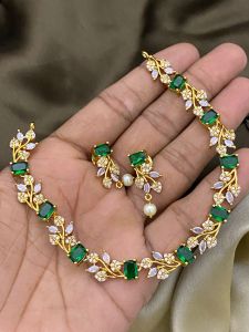 CZ Necklace ,Dark Green, with back chain