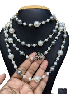 Fancy Pearl Necklace, 4 in 1 Necklace,Cream and Grey
