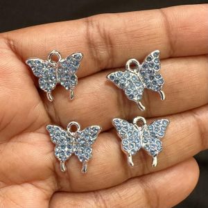 Rhinestone Charms, Butterfly,Silver Finish,Blue,Pack Of 4 Pieces