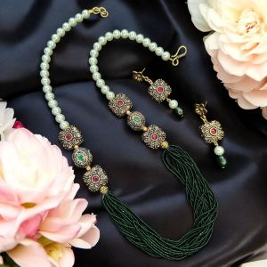  Dark green seed beads with Swarovski replica pista green pearls with Victorian spacers 
