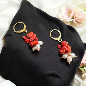 Coral Chips and Fresh Water Pearl Earrings