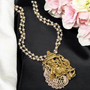 Matt Finish Ganesha pendant with CZ stones with pearl chain